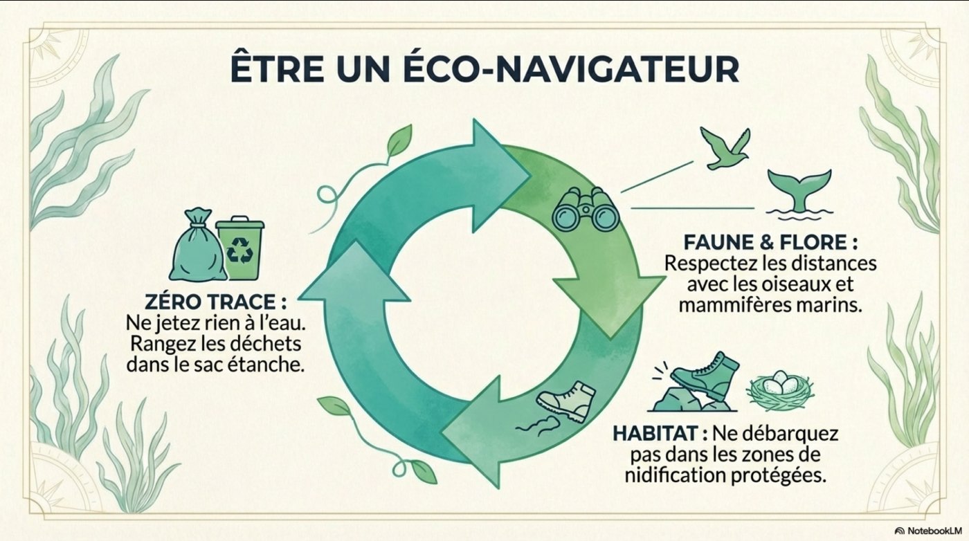 Être un éco-navigateur : zéro trace (rangez les déchets dans le sac étanche), respect de la faune et de la flore, ne pas débarquer dans les zones de nidification protégées